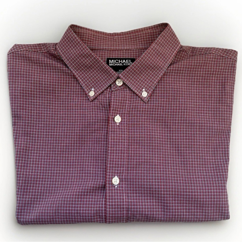 $15 SALE Michael Kors‎ Cotton Gingham Designer Shirt Mens XXL Red Short Sleeve